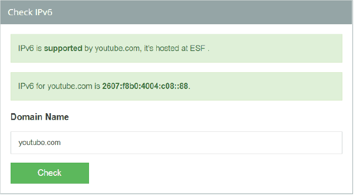 IP Address Guide「IPv6 Compatibility Test for Website」でyoutubeのドメインを入力した結果（Ipv6 is supported by youtube.comと表示される）