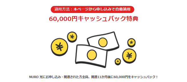 【NURO光 契約特典・キャンペーン】60,000円キャッシュバック